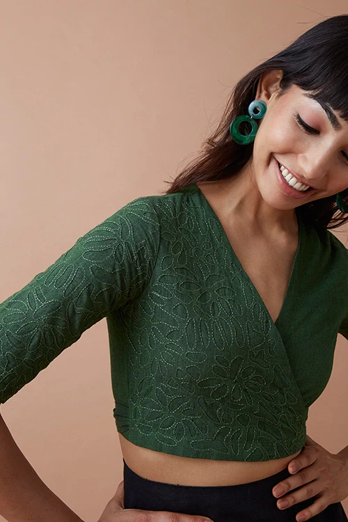Okhai 'Innate' Pure Cotton Applique Work Hand Embroidered Wrap Top - Image 5