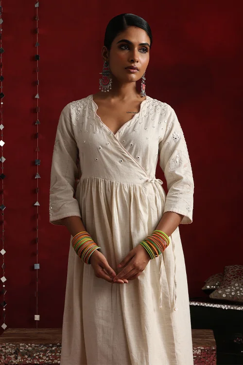 Okhai "Ivory" Hand-Embroidered Off White Pure Cotton Kurta Pant Set with Dupatta - Image 6