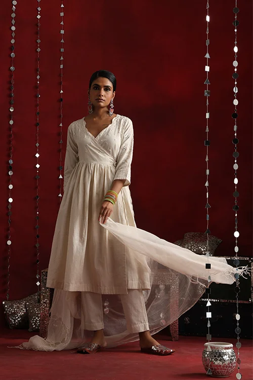 Okhai "Ivory" Hand-Embroidered Off White Pure Cotton Kurta Pant Set with Dupatta - Image 7