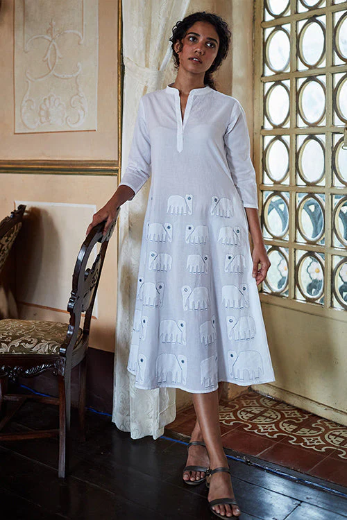 Okhai 'Ivory Tusk' Hand Embroidered Mirror and Applique Work Pure Cotton Kurta - Image 3