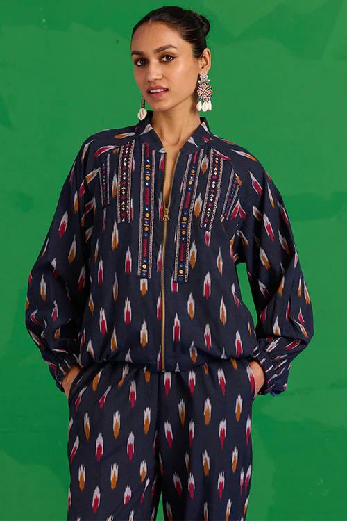 Okhai “Kalinga” Hand-Embroidered Tikki and Mirror work Ikkat Pure Cotton Bomber Jacket - Image 2