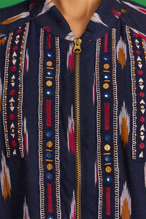 Okhai “Kalinga” Hand-Embroidered Tikki and Mirror work Ikkat Pure Cotton Bomber Jacket - Image 3