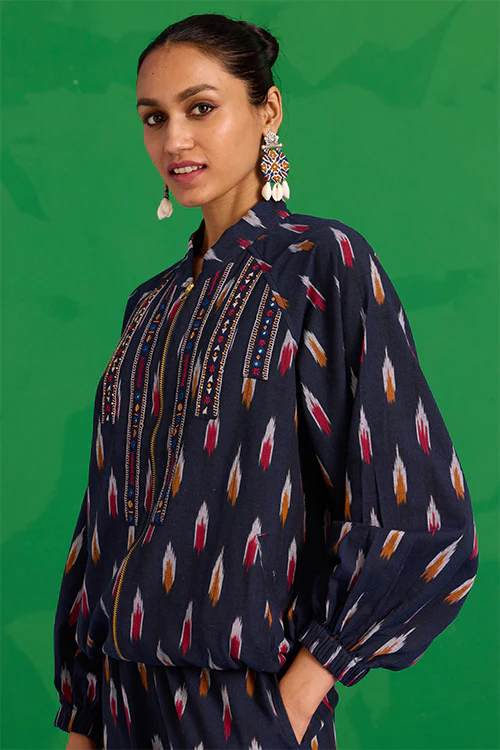 Okhai “Kalinga” Hand-Embroidered Tikki and Mirror work Ikkat Pure Cotton Bomber Jacket - Image 4