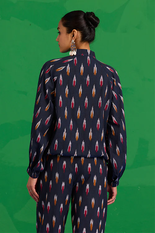 Okhai “Kalinga” Hand-Embroidered Tikki and Mirror work Ikkat Pure Cotton Bomber Jacket - Image 5