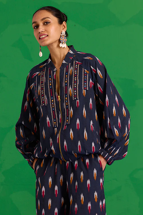 Okhai “Kalinga” Hand-Embroidered Tikki and Mirror work Ikkat Pure Cotton Bomber Jacket - Image 6