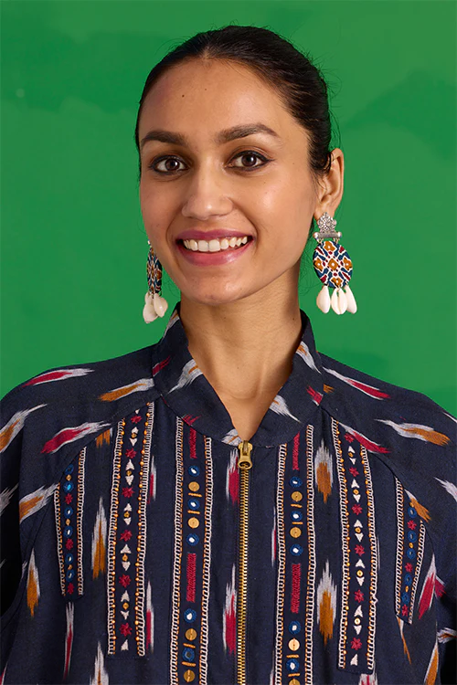 Okhai “Kalinga” Hand-Embroidered Tikki and Mirror work Ikkat Pure Cotton Bomber Jacket - Image 7