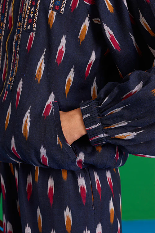Okhai “Kalinga” Hand-Embroidered Tikki and Mirror work Ikkat Pure Cotton Bomber Jacket - Image 8