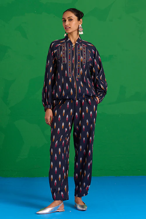 Okhai “Kalinga” Hand-Embroidered Tikki and Mirror work Ikkat Pure Cotton Bomber Jacket - Image 9
