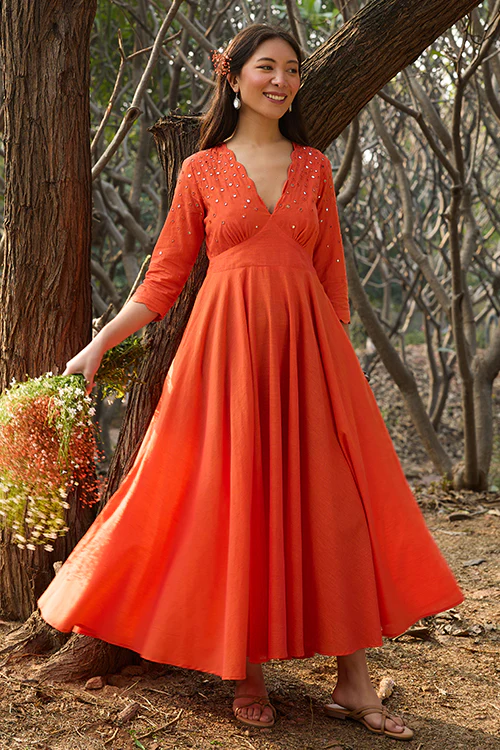 Okhai 'Kanak' Hand-Embroidery and Mirrorwork Pure Cotton Orange Dress - Image 2