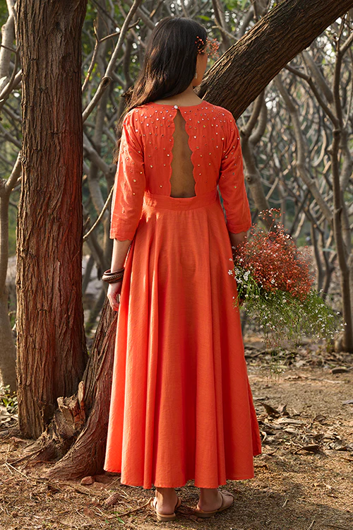 Okhai 'Kanak' Hand-Embroidery and Mirrorwork Pure Cotton Orange Dress - Image 4
