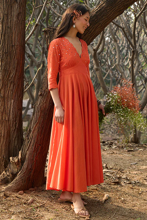 Okhai 'Kanak' Hand-Embroidery and Mirrorwork Pure Cotton Orange Dress - Image 5