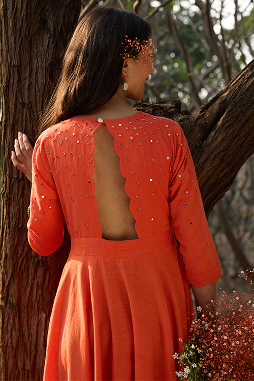 Okhai 'Kanak' Hand-Embroidery and Mirrorwork Pure Cotton Orange Dress - Image 6