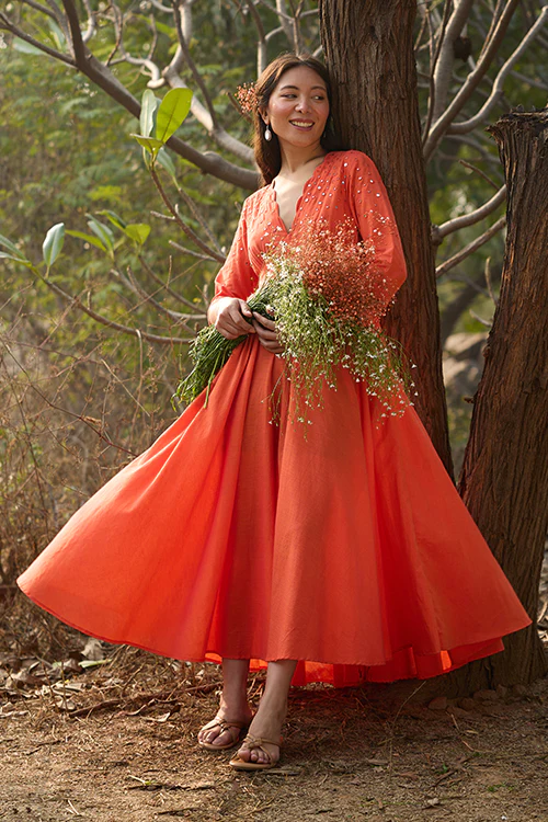 Okhai 'Kanak' Hand-Embroidery and Mirrorwork Pure Cotton Orange Dress - Image 7
