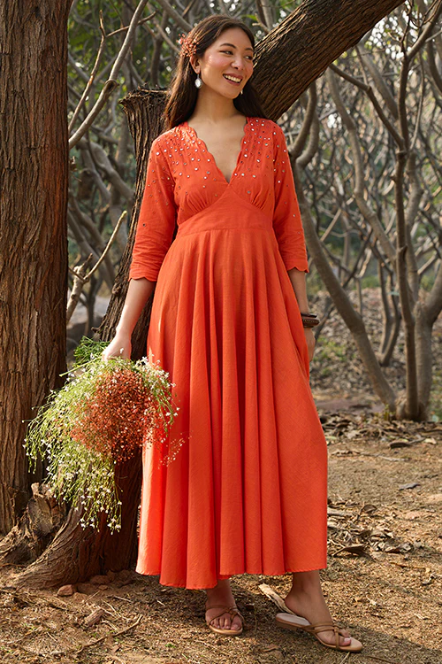 Okhai 'Kanak' Hand-Embroidery and Mirrorwork Pure Cotton Orange Dress - Image 8