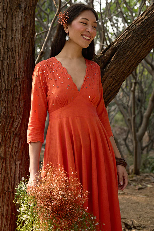 Okhai 'Kanak' Hand-Embroidery and Mirrorwork Pure Cotton Orange Dress - Image 9