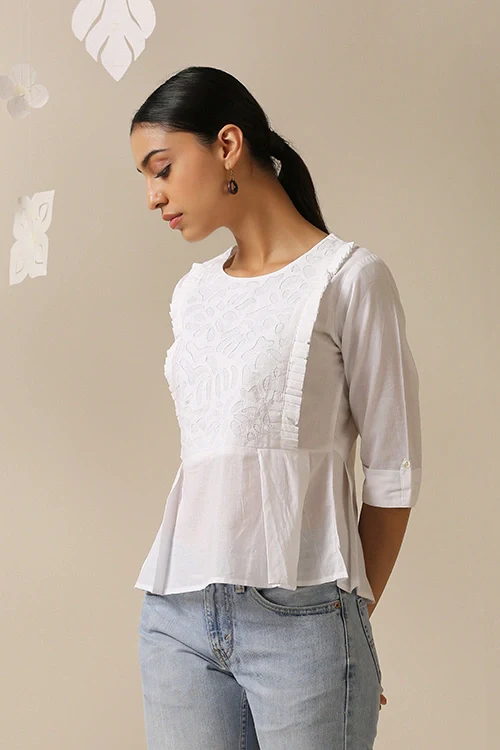 Okhai 'Kanso' Pure Cotton Applique Work Hand Embroidery Work Top - Image 4