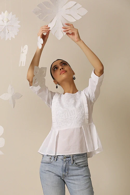Okhai 'Kanso' Pure Cotton Applique Work Hand Embroidery Work Top - Image 5