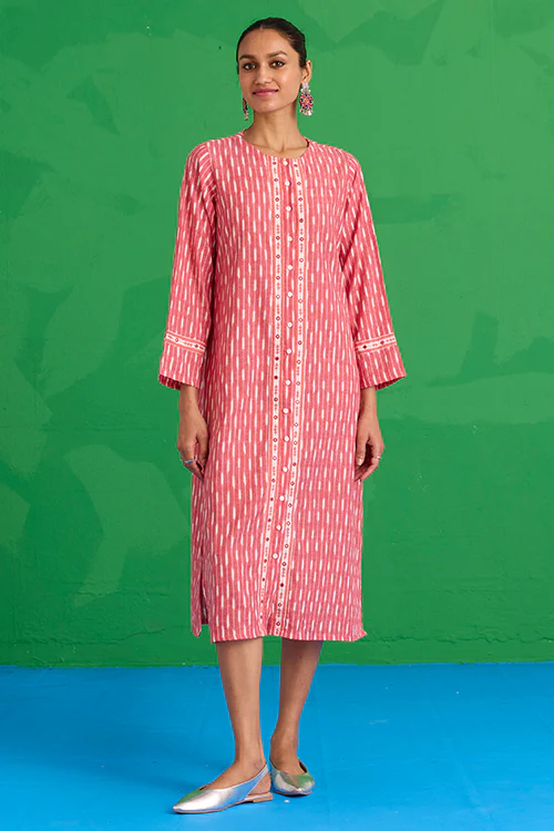 Okhai "Kaveri" Hand-Embroidered Mirrorwork Pure Cotton Ikkat Kurta