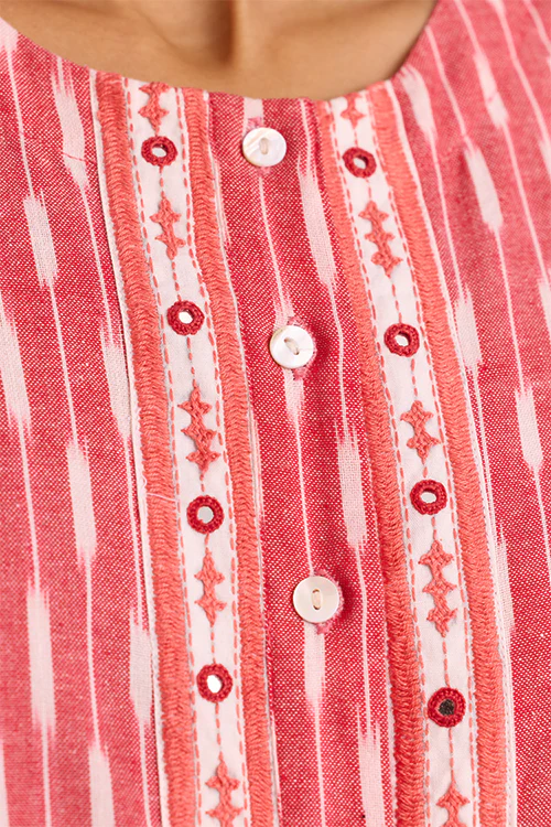 Okhai "Kaveri" Hand-Embroidered Mirrorwork Pure Cotton Ikkat Kurta - Image 2