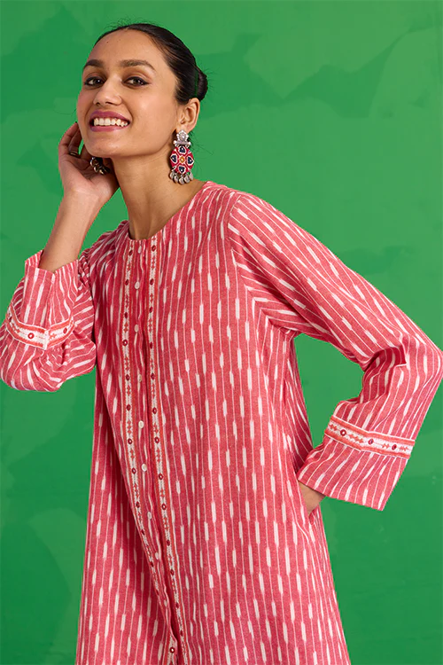 Okhai "Kaveri" Hand-Embroidered Mirrorwork Pure Cotton Ikkat Kurta - Image 5