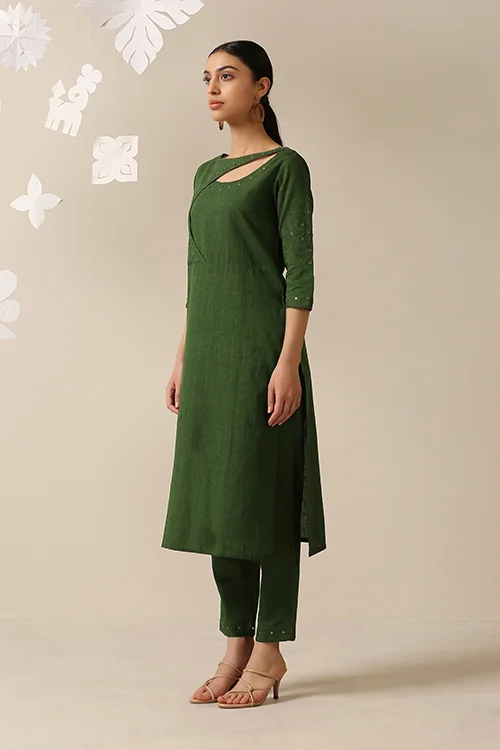 Okhai 'Kites' Pure Cotton Applique Work Hand Embroidered Mirror Work Kurta Pant Set - Image 3