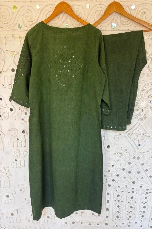 Okhai 'Kites' Pure Cotton Applique Work Hand Embroidered Mirror Work Kurta Pant Set | Rescue - Image 3