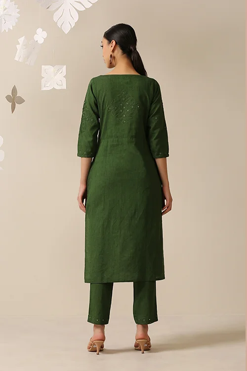 Okhai 'Kites' Pure Cotton Applique Work Hand Embroidered Mirror Work Kurta Pant Set - Image 4