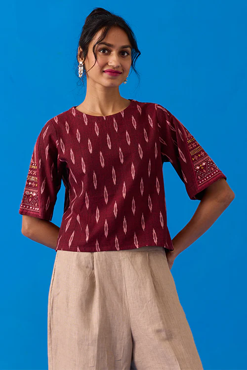 Okhai “Konark ” Hand-Embroidered Bead and Mirror work Ikkat Pure Cotton Top - Image 2