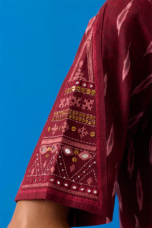 Okhai “Konark ” Hand-Embroidered Bead and Mirror work Ikkat Pure Cotton Top - Image 5