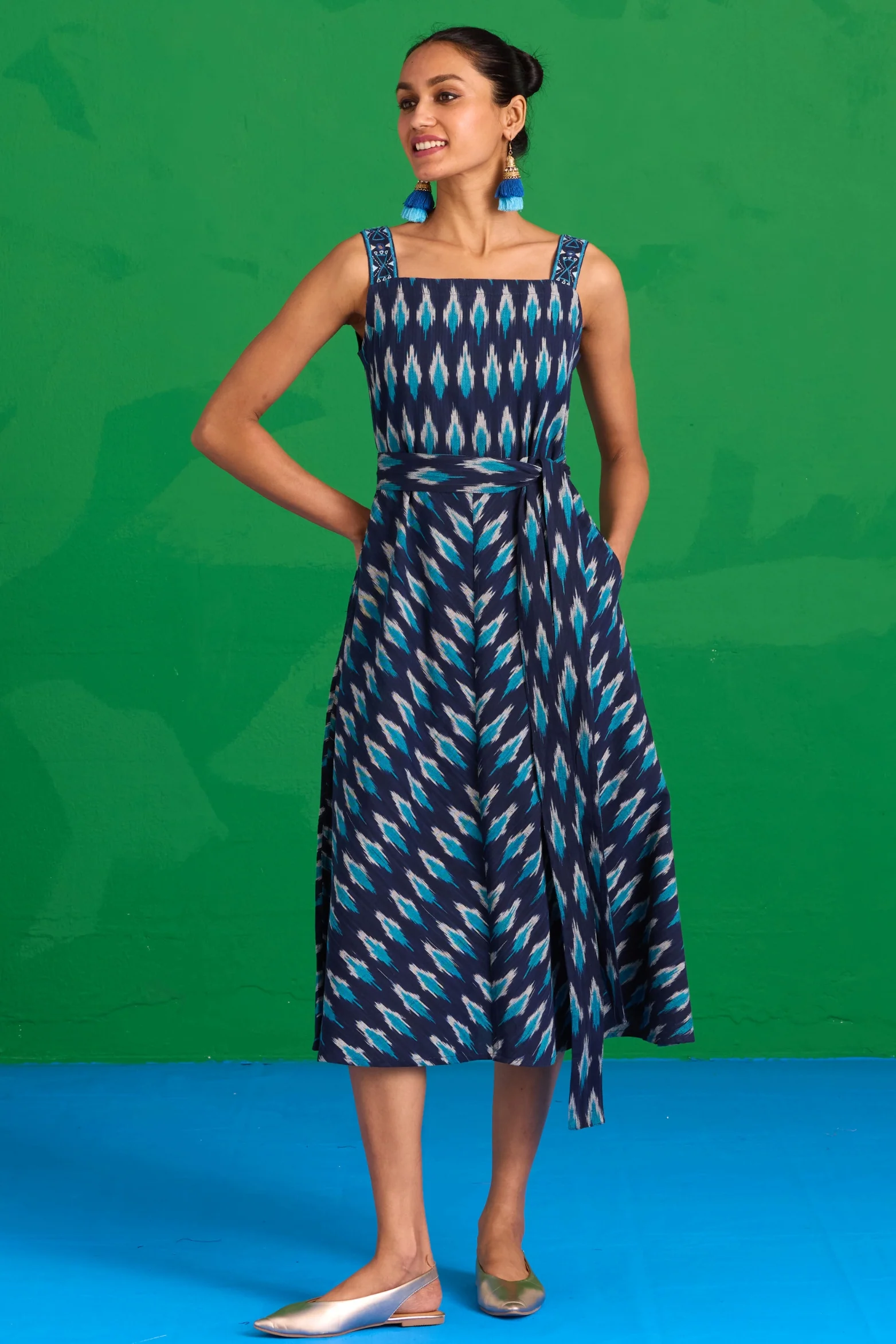 Okhai “Lagunia” Hand-Embroidered Ikkat Pure Cotton Sleeveless Dress