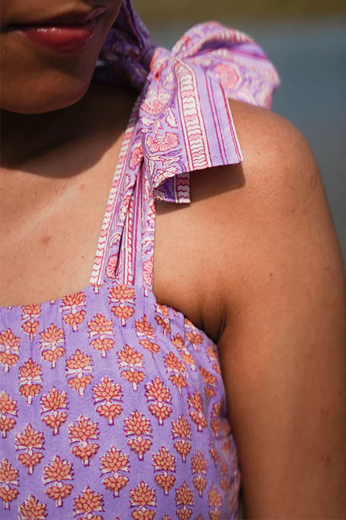 Okhai "Lily Nymph" Handblock Printed Pure Cotton Purple Dress - Image 2