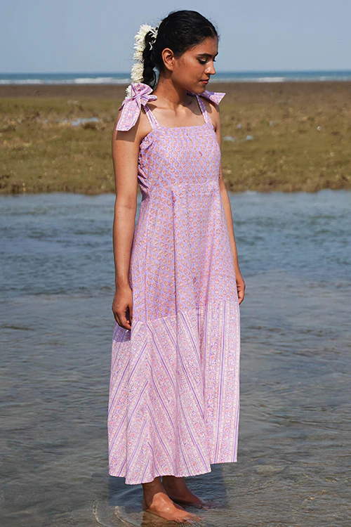 Okhai "Lily Nymph" Handblock Printed Pure Cotton Purple Dress - Image 3