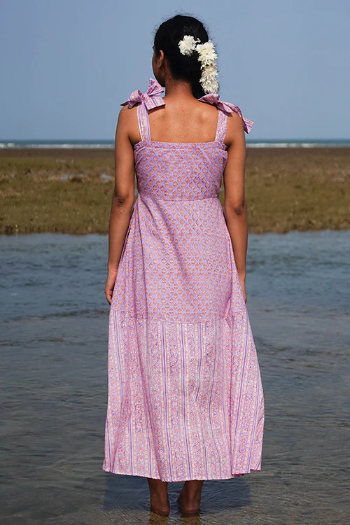 Okhai "Lily Nymph" Handblock Printed Pure Cotton Purple Dress - Image 4