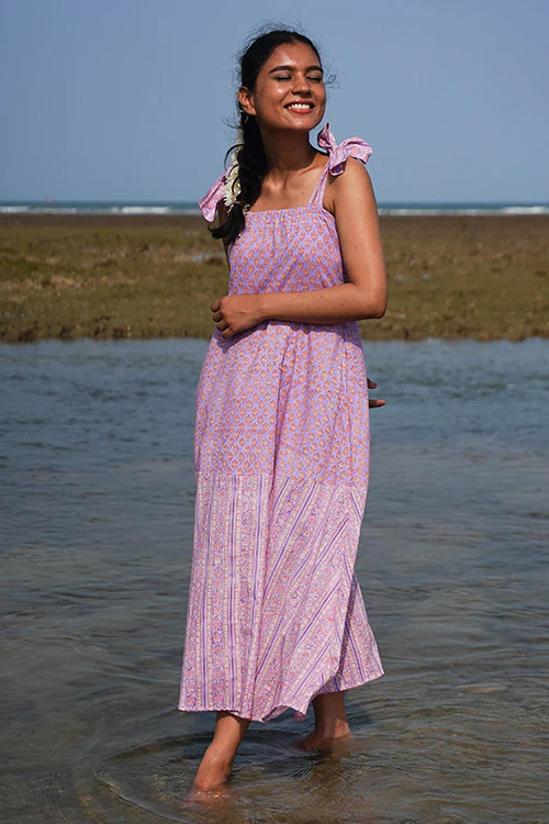 Okhai "Lily Nymph" Handblock Printed Pure Cotton Purple Dress - Image 5