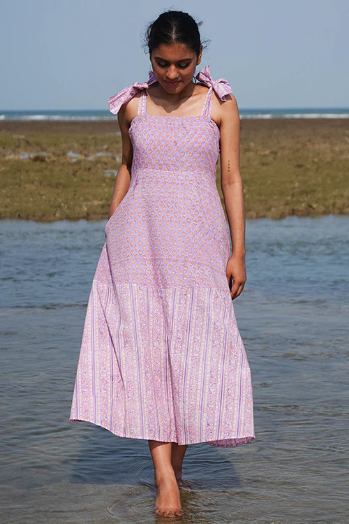 Okhai "Lily Nymph" Handblock Printed Pure Cotton Purple Dress - Image 6