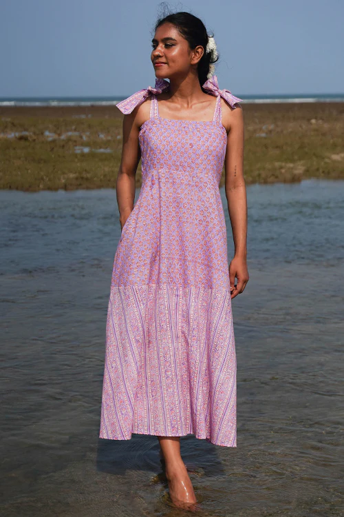 Okhai "Lily Nymph" Handblock Printed Pure Cotton Purple Dress - Image 7