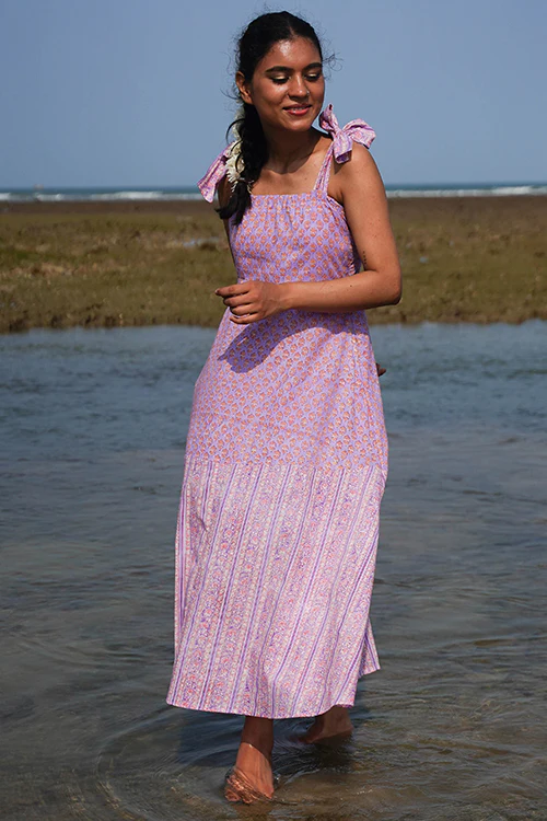 Okhai "Lily Nymph" Handblock Printed Pure Cotton Purple Dress - Image 8