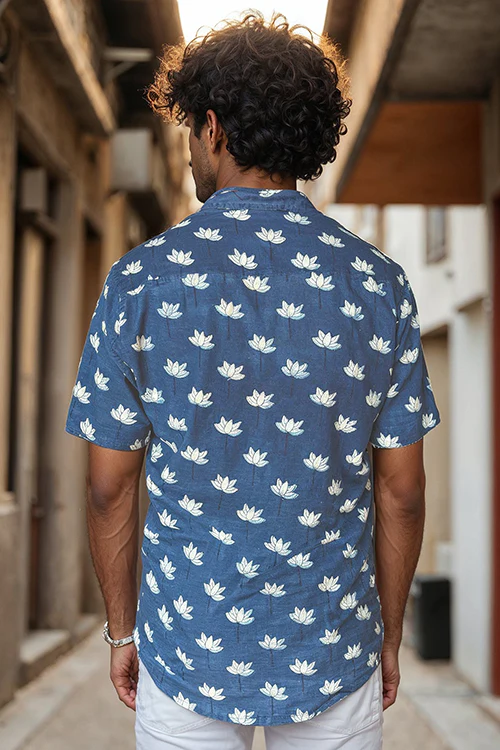 Okhai "Lotus Ripple" Handblock Printed Pure Cotton Half-Sleeved Shirt - Image 2