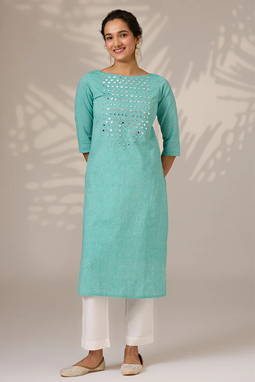 Okhai "Lumino" Hand-Embroidered Mirrorwork Pure Cotton Long Kurta - Image 2