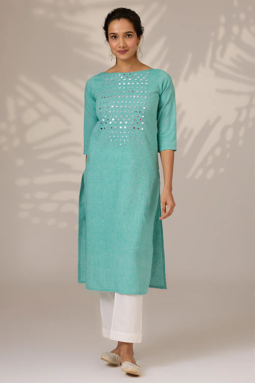 Okhai "Lumino" Hand-Embroidered Mirrorwork Pure Cotton Long Kurta - Image 4