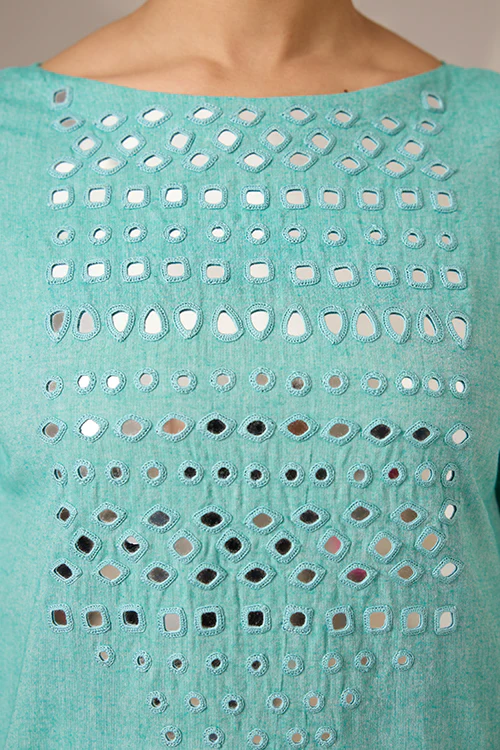 Okhai "Lumino" Hand-Embroidered Mirrorwork Pure Cotton Long Kurta - Image 6