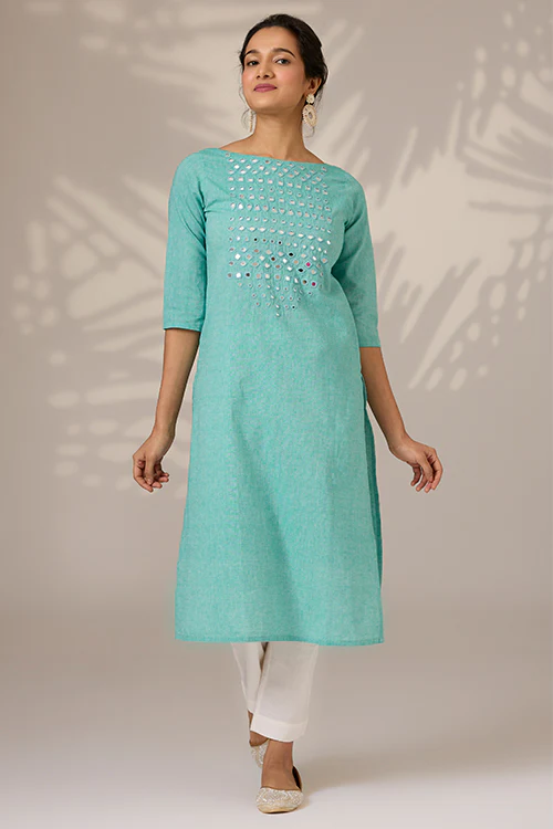Okhai "Lumino" Hand-Embroidered Mirrorwork Pure Cotton Long Kurta - Image 8