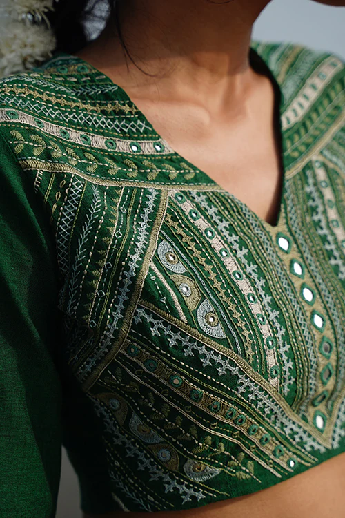 Okhai "Lush Canopy" Hand-Embroidery and Mirrorwork Pure Cotton Green Blouse - Image 2
