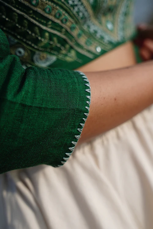 Okhai "Lush Canopy" Hand-Embroidery and Mirrorwork Pure Cotton Green Blouse - Image 6