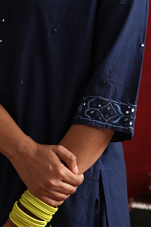 Okhai "Mahal" Hand-Embroidered Navy Blue Pure Cotton Kurta Salwar Set - Image 2