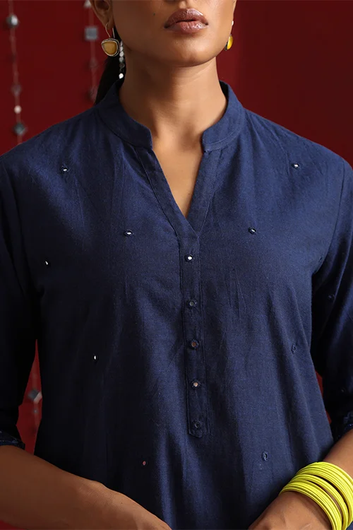 Okhai "Mahal" Hand-Embroidered Navy Blue Pure Cotton Kurta Salwar Set - Image 4