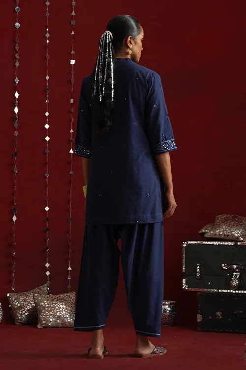 Okhai "Mahal" Hand-Embroidered Navy Blue Pure Cotton Kurta Salwar Set - Image 5