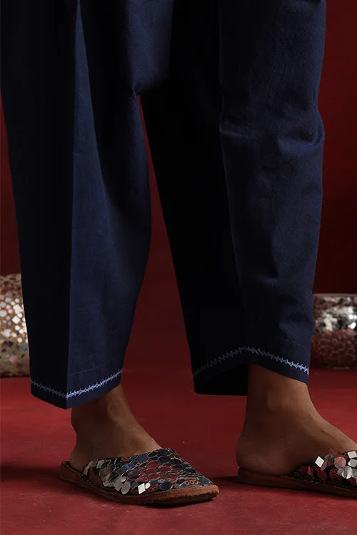 Okhai "Mahal" Hand-Embroidered Navy Blue Pure Cotton Kurta Salwar Set - Image 6