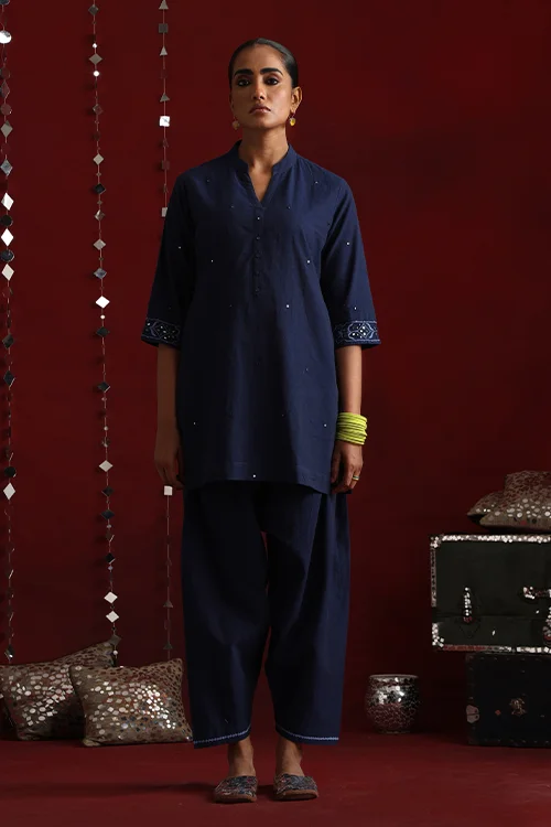 Okhai "Mahal" Hand-Embroidered Navy Blue Pure Cotton Kurta Salwar Set - Image 7