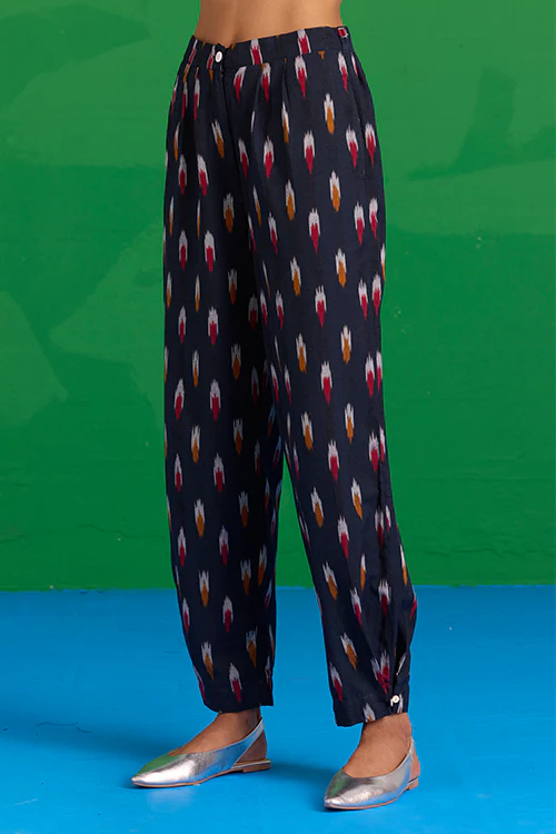 Okhai "Mahanadi" Navy Blue Ikkat Pure Cotton Pants - Image 4